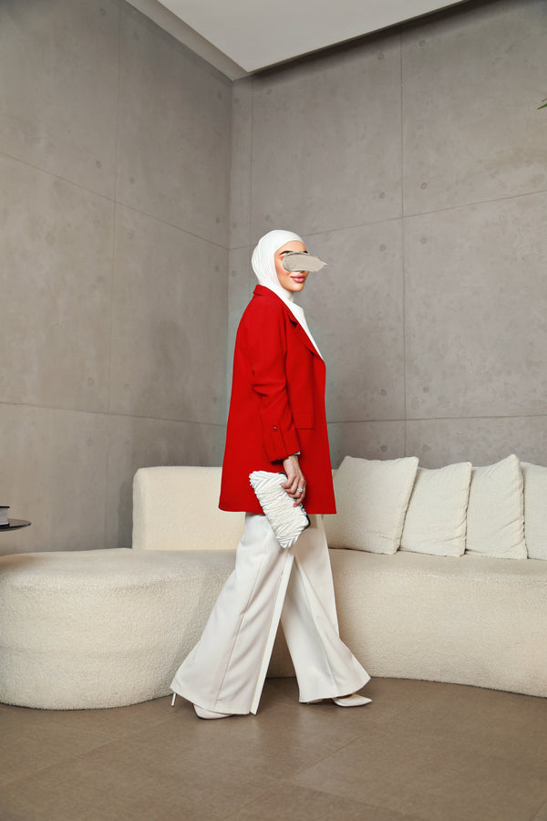 ⁨⁨⁨⁨⁨طقم بليزر شانيل احمر مع بنطلون هاي ويست ⁩⁩⁩⁩⁩