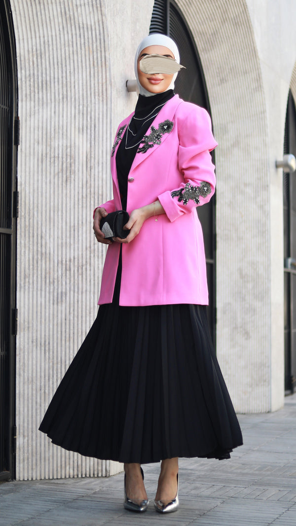 ⁨⁨⁨⁨⁨⁨طقم بليزر العيد وردي وتنورة⁩ سودة⁩⁩⁩ بليسيه⁩⁩