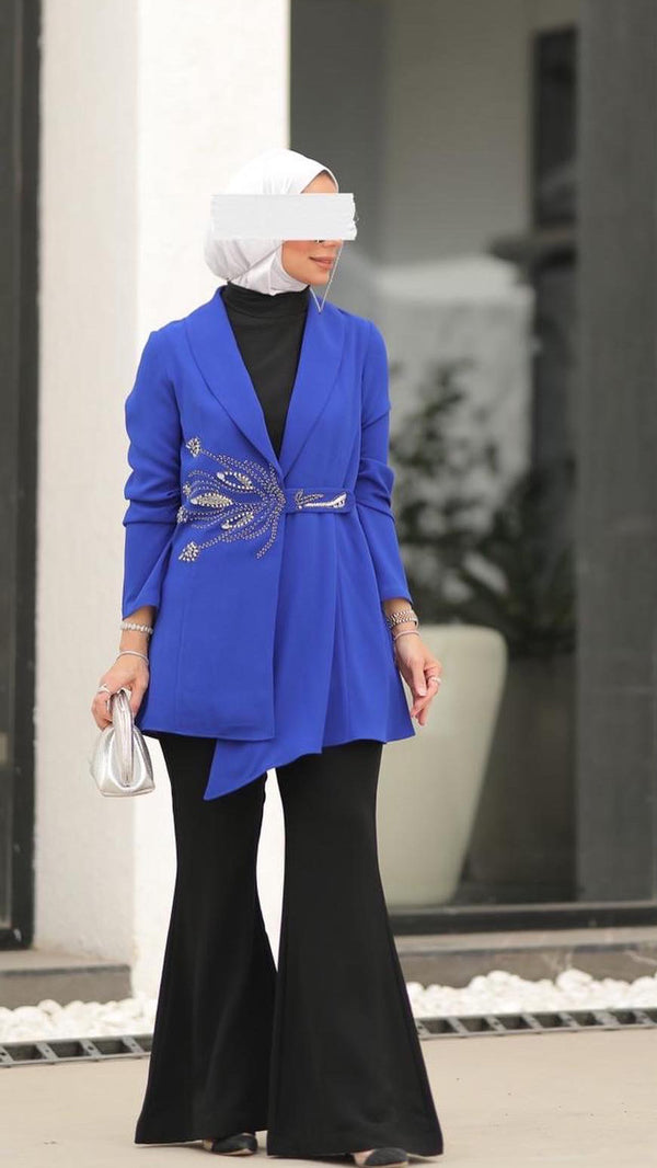 ⁨⁨طقم بليزر ازرق دايموند وبنطلون⁩ اسود⁩