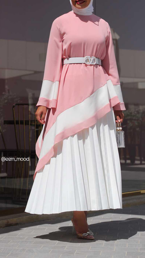 طقم قطعتين كريب توب وردي وتنورة بليسيه